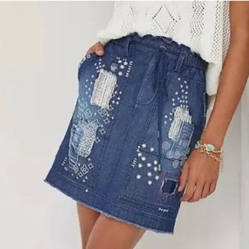 Anthropologie Pilcro Embroidered Patchwork Denim Mini Skirt Small